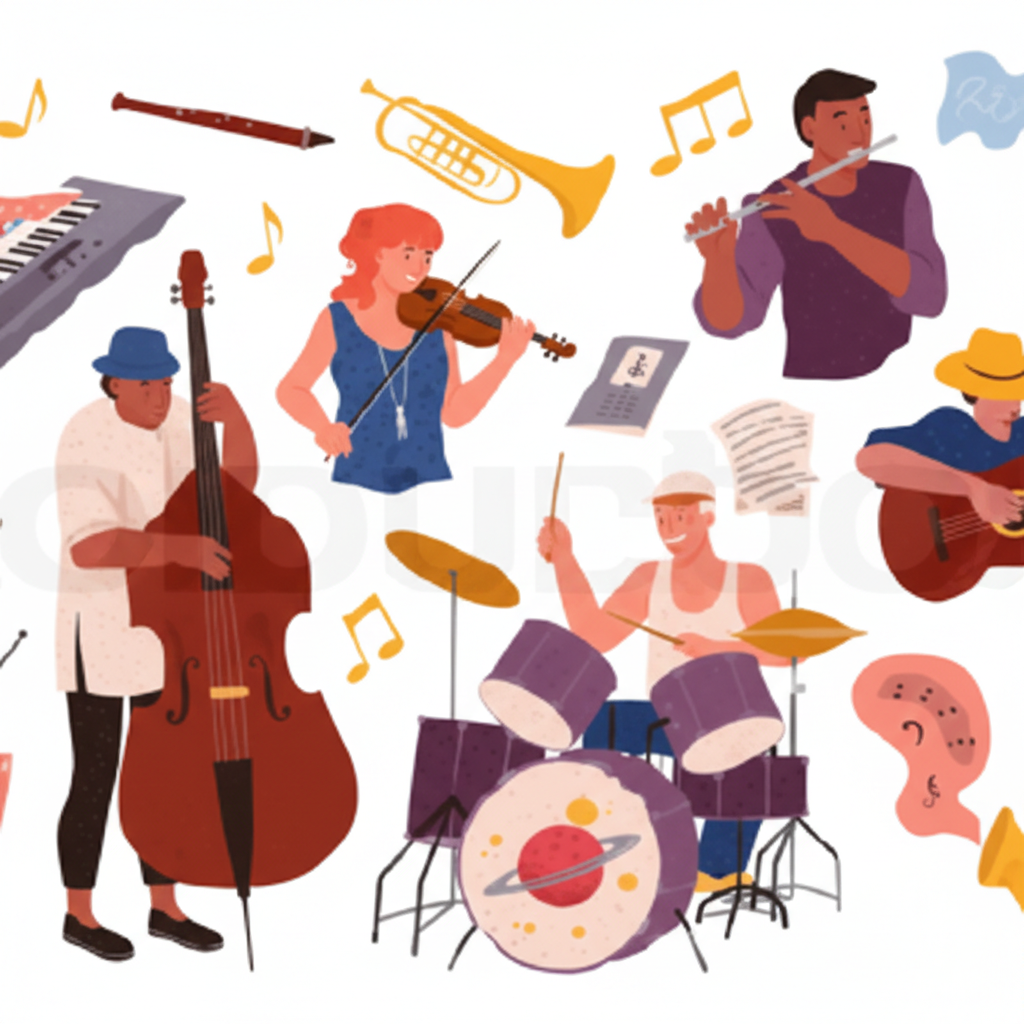 This lively illustration shows a diverse group of musicians joyfully playing different instruments, including drums, violin, trumpet, saxophone, guitar, keyboard, and flute. The bright tones and movement convey rhythm, harmony, and collaboration through artistic expression.